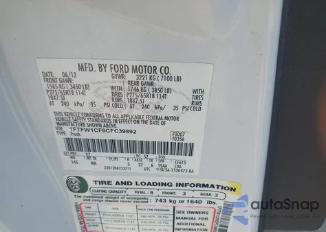 2012 Ford F-150 Xlt from USA, damaged, VIN 1FTFW1CF6CFC39892